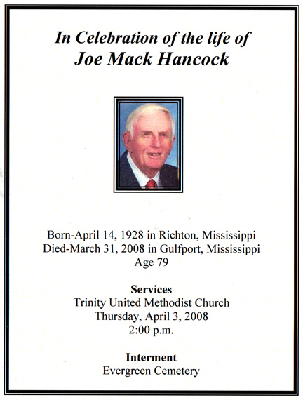 Joe Mack Hancock funeral program