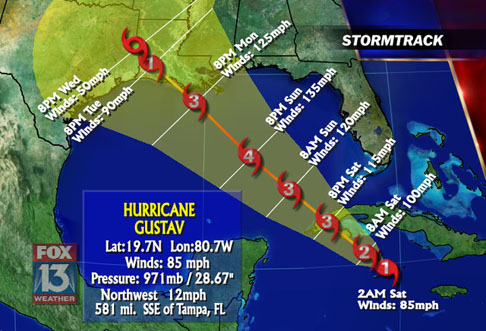 Storm track forecast for Hurricane Gustav (8-30-08)