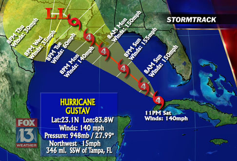 Storm track forecast for Hurricane Gustav (8-30-08)