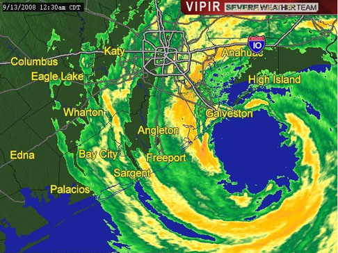 Radar image of Hurricane Ike as of 12:36am CDT